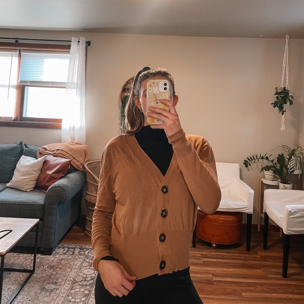 - Zara knit tan button up cardigan sweater
